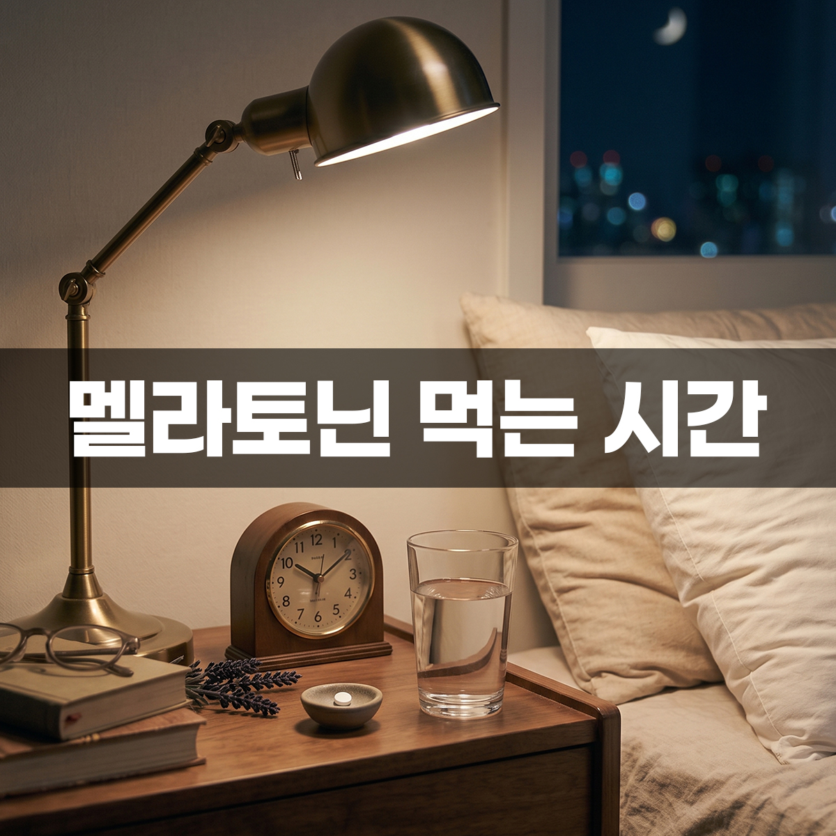 멜라토닌 먹는 시간 맞춰 아늑한 침실 스탠드 불빛 아래, 협탁 위에 놓인 탁상시계와 물 한 잔, 그리고 작은 알약 한 알