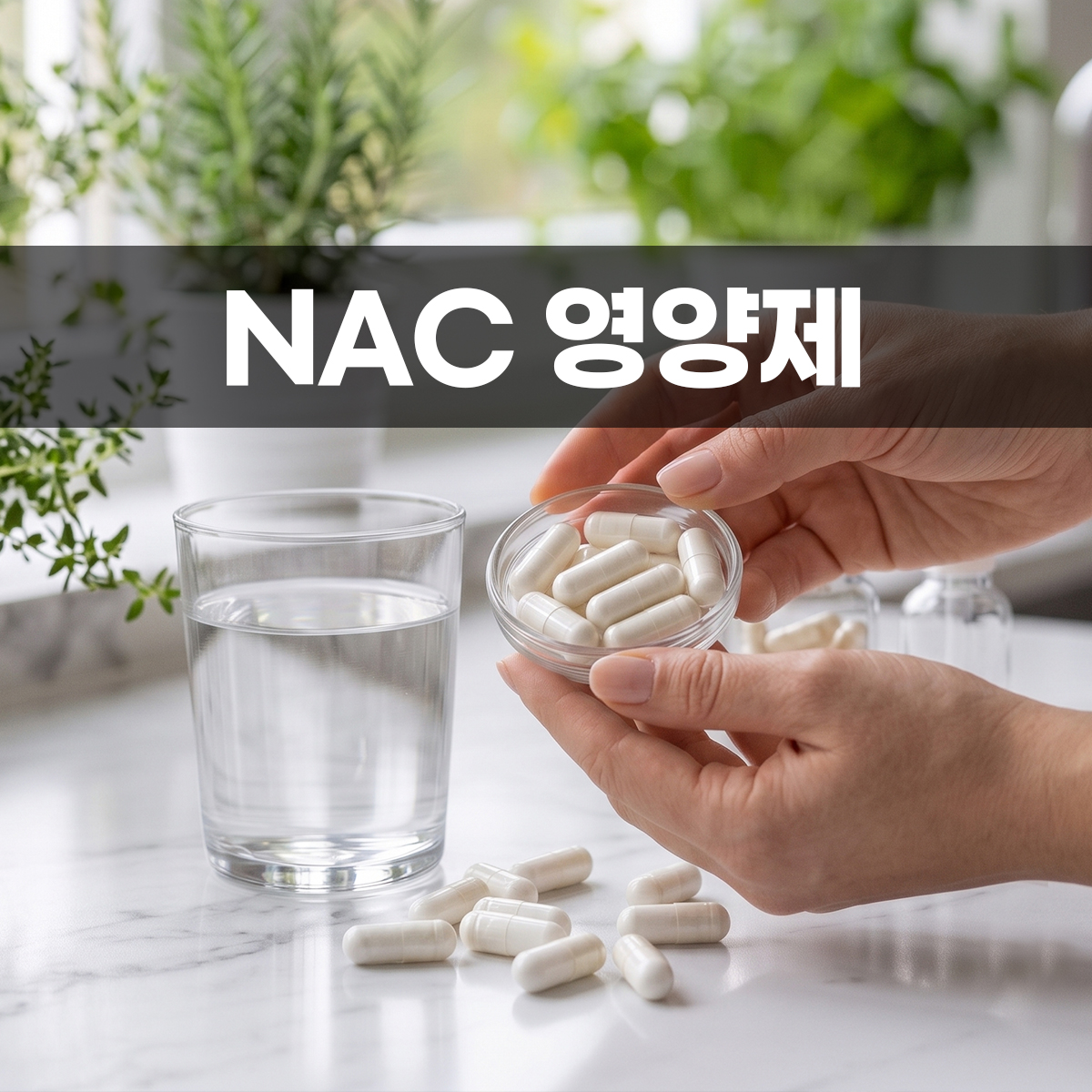NAC 영양제 섭취를 위해 물 한 잔과 캡슐이 가득 담긴 작은 유리 용기를 들고 있는 손