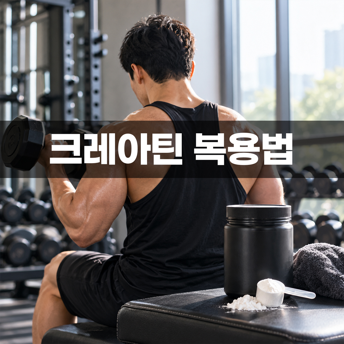 크레아틴 복용법 근력 운동을 하는 남성과 크레아틴 영양제가 함께 놓인 모습