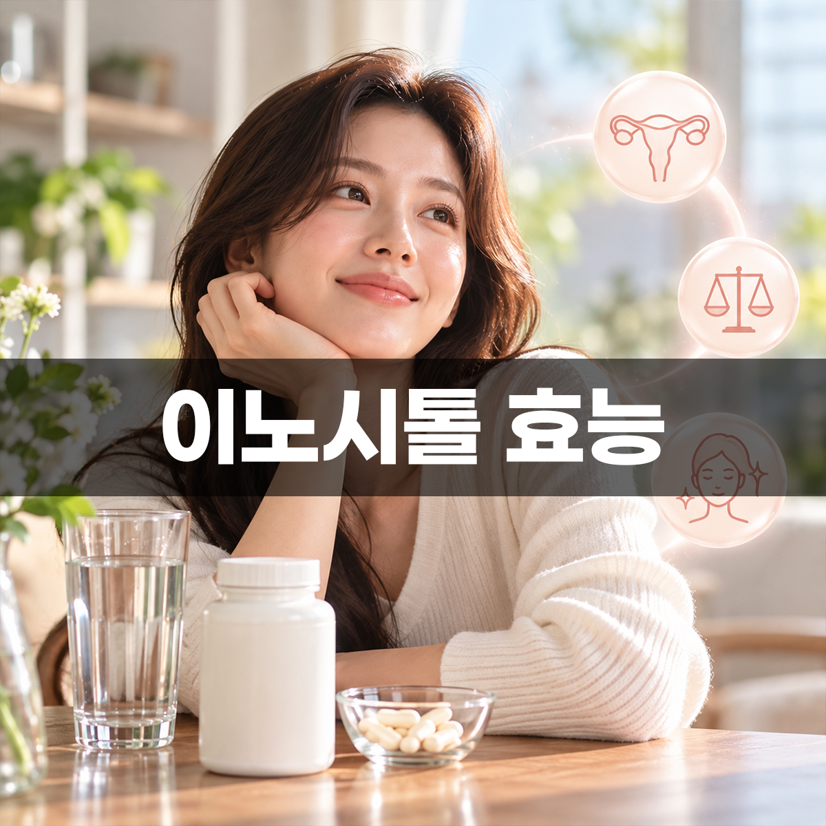 이노시톨 효능 여성 호르몬 균형과 건강 관리를 상징하는 아이콘, 영양제와 함께 미소 짓는 여성 모습