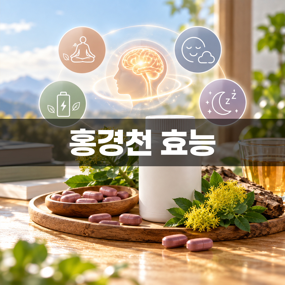 홍경천 효능 스트레스 완화와 피로 개선, 집중력 향상 및 정신 건강 관리를 상징하는 아이콘과 자주색 홍경천 영양제 정제 모습