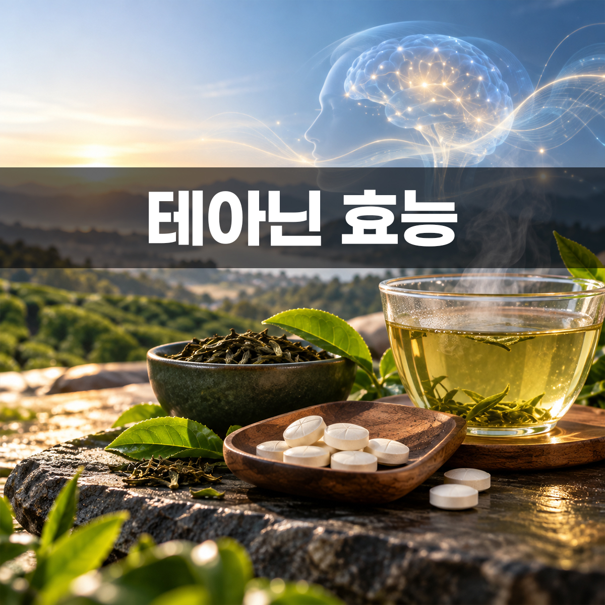 테아닌 효능 스트레스 완화와 긴장 감소, 차분한 집중력 유지를 상징하는 녹차와 테아닌 영양제 이미지